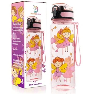 Image of Kids Fairy Water Bottle, 500ml BPA Free Tritan Childrens School Work Travel Camping Drinks LEAKPROOF, SHATTERPROOF, Pink Resuable Bottle