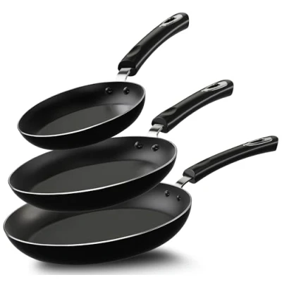 Image of KICHLY Non Stick Frying Pan Set, 3 Pcs Induction Hob Professional Chefs Sets Stick, Kitchen Cookware 20cm, 24cm, and 28cm (Black, 1 Set of 3)