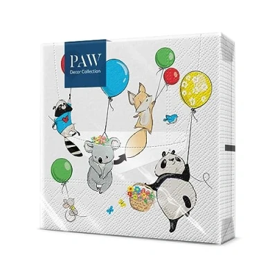 Image of PAW Napkins 3 Ply (33 x 33 cm) I 20 Pieces Perfect for Children&#039;s Birthdays Parties Communion Celebrations Paper Colorful with Party Theme Animals, Balloons, Animals