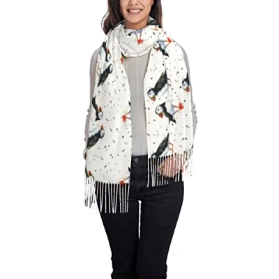 Image of 527 Scarf For Women Puffin Birds Tassel Shawls Wraps Winter,Large Thick Birthday 72X197Cm