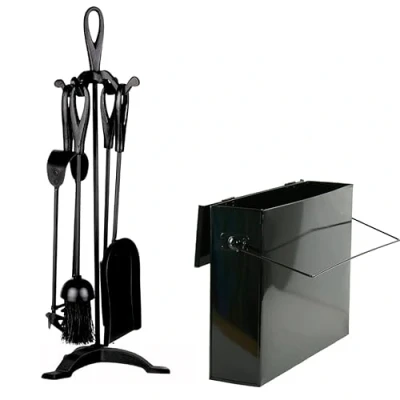 Image of Trendi Fireside Ash Carrier Metal Hot Tidy Box Container/15L Bucket with Lid Fireplace Pan Bin 5 Piece Cast Iron Loop Design Companion Set (Companion + Black Box)