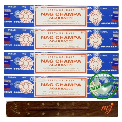 Image of Original Satya Nag Champa Agarbatti incense sticks with M&amp;J holder x4 pack for Aromatherapy, Spa, Yoga, Weddings, Meditation, Healing, Positivity and Relaxation