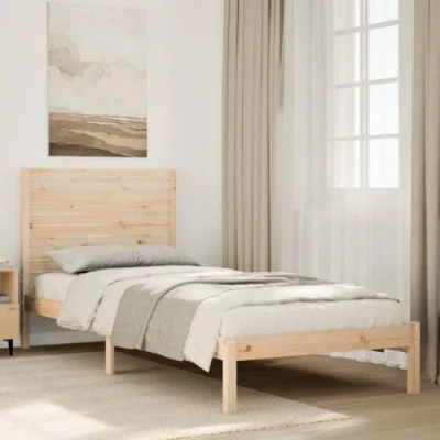 Image of vidaXL Extra Long Wooden Bed Frame 90x220 cm with Slatted Support Base and Decorative Headboard in Solid Pine Wood for Bedroom