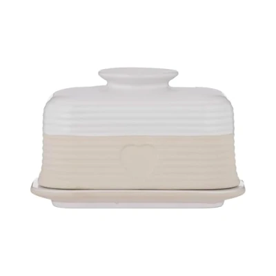 Image of Mason Cash Rustic Charm Butter Dish Stoneware with Debossed Heart Motif Elegant Matt &amp; Gloss Finish Fits Up to 500g of Durable Dishwasher Safe