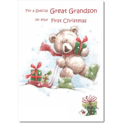Image of doodlecards Great Grandsons 1st First Christmas Card Cute Bear with Sled Medium Size for Plain Envelope