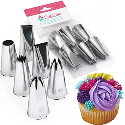 Image of CukkiCakes 6pcs Large Piping Nozzles Set (1M, 2D, 4B, 1A, 124, 895) Icing Nozzles, Tips for Decorating Cakes, Cupcakes Compatible with Bags Made in Korea