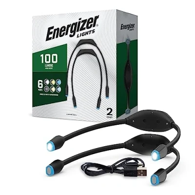 Image of Energizer Rechargeable LED Neck Light, Portable Hands Free Light for Reading and Work, 100 Lumens, Pack of 2 Lamps, USB Charger Cable Included