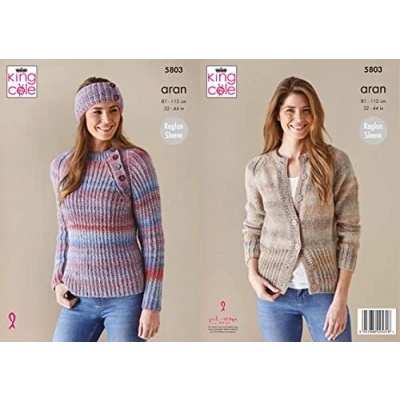 Image of King Cole Acorn Aran Knitting Pattern 5803 Sweater, Cardigan &amp; Headband