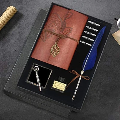 Image of Quill Pen and Ink Set, Antique Feather Dip Calligraphy including Pen, 5 Replacement Nibs, Nib Base, Notebook, Ink, Gift Box, Best Gifts for Him Men Dad (Blue)