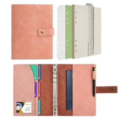 Image of Wonderpool Leather Diary Refillable Notebook Spiral Journal Binder Portfolio Dot Grid Paper &amp; Inner Pockets for Travel Work and Personal Organizer (Pink, A5)