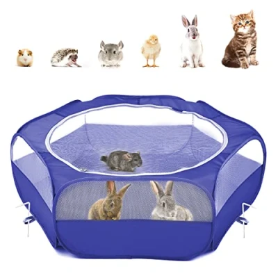Image of Pawaboo Small Animals Playpen, Waterproof Pet Cage Tent with Zippered Cover, Portable Outdoor Yard Fence 3 Metal Rod for Kitten/Puppy/Guinea Pig/Rabbits/Hamster/Chinchillas, Indigo