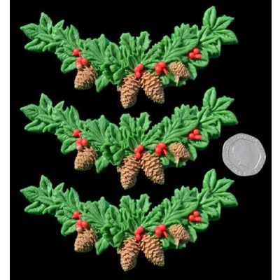 Image of 3 x Edible 3D Christmas Garlands Wreaths with red berries icing toppers, cake cupcakes decorations