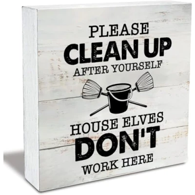 Image of KOPUTE Please Clean up After Yourself Wood Box Sign Rustic Wooden Farmhouse Home Office Desk Shelf Decor 5 x Inches