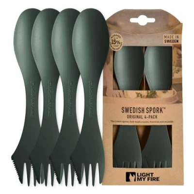 Image of Light my Fire Spork Original 3 in 1 Camping Cutlery Knife Fork Spoon Set Survival Gifts for Scouts Accessories Sporks Reusable Travel 4 Pack SageGreen