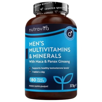 Image of Men&#039;s Multivitamins and Minerals 25 Essential Active Vitamins with Added Maca Root Panax Ginseng 180 Vegan Tablets Made in The UK by Nutravita
