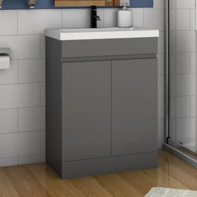 Image of Acezanble 500mm Bathroom Vanity Unit With Wash Basin Ceramic Sink, 2 Double Door, High Gloss Grey, Floorstanding Cabinets, Cloakroom Storage Furniture Under Cabinet