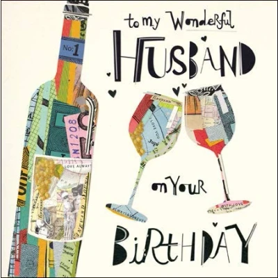 Image of Mambo Contemporary Male Birthday Card (WDM 456121) Wonderful Husband Wine Bottle and Glasses Attractive Foil Finish Greeting for Him from The Range by Woodmansterne