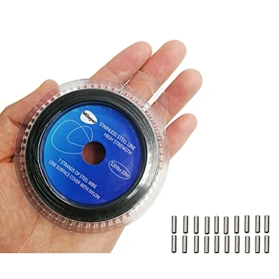 Image of Black Fishing Wire Line: 10LB 200LB Stainless Steel Leader 10 Meter with 20pcs Crimps Sleeves (100LB)