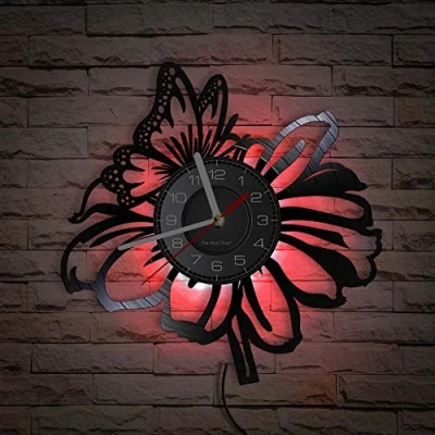 Image of Smotly Vinyl wall clock, butterfly and flower pattern analog with remote control night light, beautification clock gift.