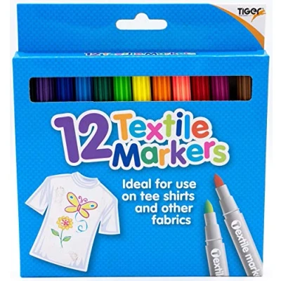 Image of Tiger Textile Fabric Markers Pack of 12 Pens Assorted Colours Ideal for T Shirts, Bags, Trainers, Clothes, Soft Toys