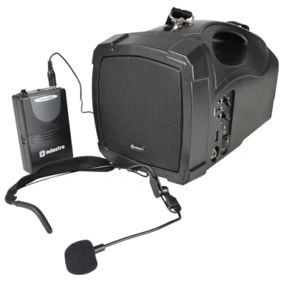 Image of Adastra Handheld PA with Integral Rechargable Battery, Wireless Head Microphone, USB, FM &amp; Bluetooth