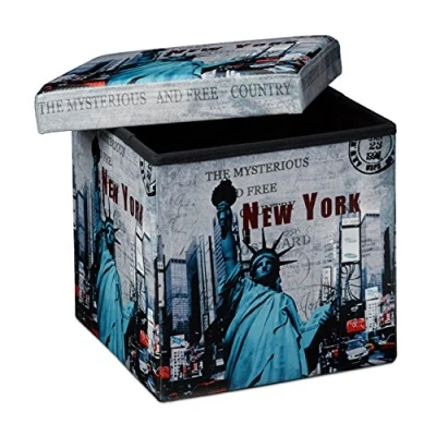 Image of Relaxdays &quot;New York Cube Folding Seat Box Ottoman with Trendy Motifs and Removable Lid, Faux Leather, Multi Colour, 38 cm