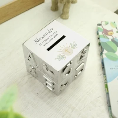 Image of Custom Personalised Religious ABC Money Box For Communion, Christening, Baptism, Confirmation