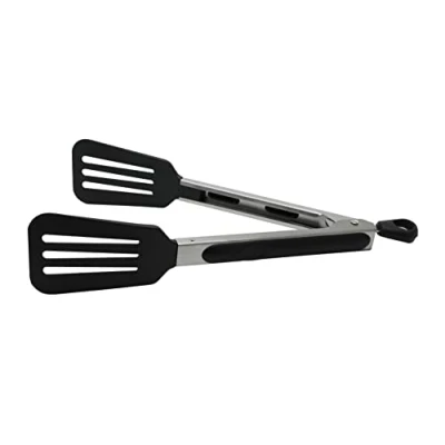Image of Fackelmann Multi Purpose Kitchen Tongs PBT Length 23cm, Heat Resistant to 220C, Non Stick Cookware Safe, Locking Mechanism, Dishwasher Silver &amp; Black