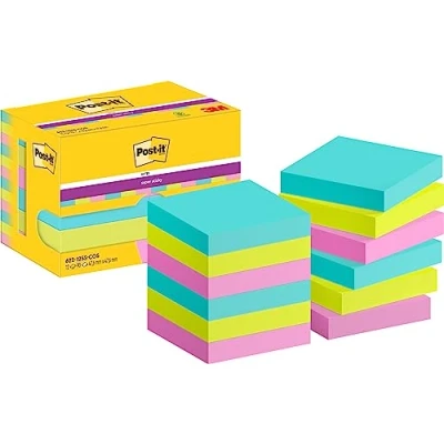 Image of Post it Super Sticky Notes Cosmic Color Collection, Pack of 12 Pads, 90 Sheets per Pad, 47.6 mm x mm, Turquoise, Green, Pink Colors Extra For Note Taking, To Do Lists &amp; Reminders