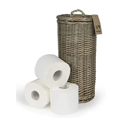 Image of Wicker Toilet Roll Basket Holds 3 Rolls Antique Willow Traditional Storage Small Bathroom