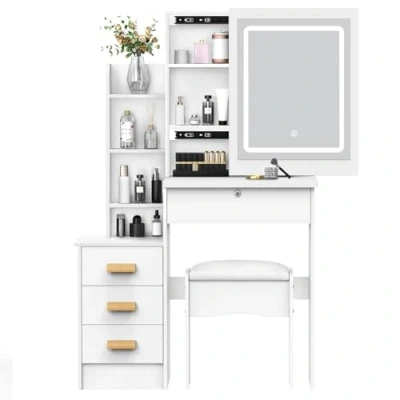 Image of Qiebenav Makeup Vanity Desk with Mirror, Large Table Set Storage Shelves, 4 Drawers, Light, Bedroom Dressing (White 03)