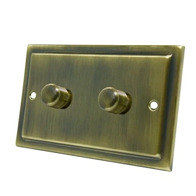 Image of AET VAB2GDIM10 Victorian Antique Brass 1000W 10 Amp Double 2 Gang Way Light Dimmer Switch, 1000 W, 240 V