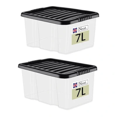 Image of Neat. Plastics 7L Heavy Duty Storage Box, Clear Base, Black Lid Organise Easily with Plastic Box Lid, Ideal Boxes for Storage, Durable Lids Pack of 2