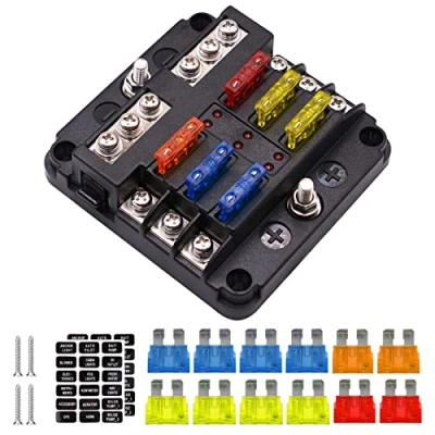 Image of 6 Way Blade Fuse Box, 12V/24V Circuit Holder Box Block with Negative Bus, Car Standard LED Indicator for Automotive Boat Marine Truck