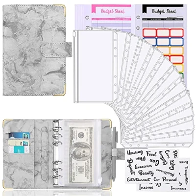 Image of Budget Binder with Cash Envelopes A6 PU Leather Money Saving Wallet Ring Binders Organiser Book Stuffing Planner for Saving/Budgeting Sheets (Grey)