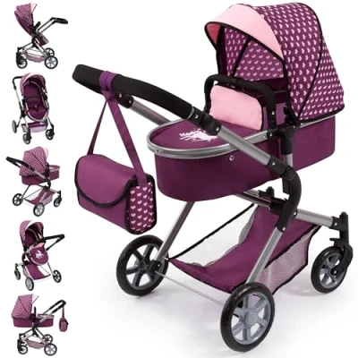 Image of Bayer Design 18137AA Doll Pram City Neo with Changing Bag and Shopping Basket, Purple/Pink