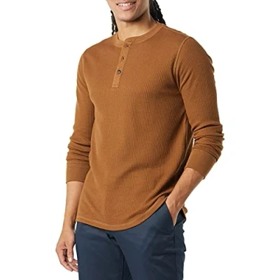 Image of Amazon Essentials Men&#039;s Regular Fit Long Sleeve Waffle Henley Shirt, Light Brown, S