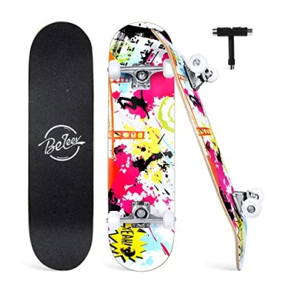 Image of BELEEV Skateboards, 31 x 8 inch Complete Skateboard for Beginners, 7 Layer Canadian Maple Double Kick Deck Concave Cruiser Trick Kids and Adults with Skate T Tool(Multicolor)