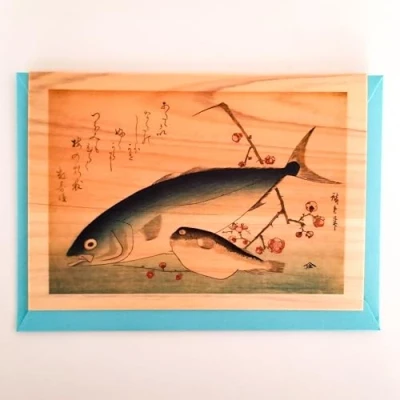 Image of Wooden Blank Greeting Card [Series: Hiroshige] Fugu and Inada Fish, from the series Uozukushi