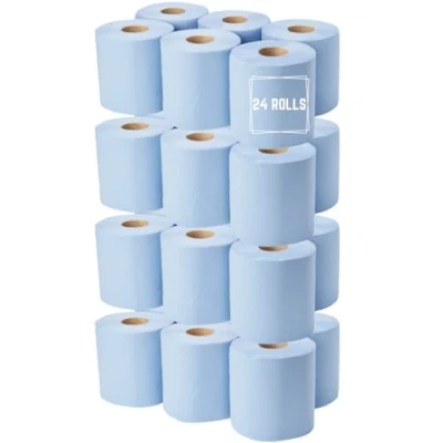 Image of Strike Blue Centre Feed Rolls Embossed 2ply Wiper Paper Towel 50M p/Rolls 6 Per Pack Family Disposable Kitchen Cleaning Household (24 Rolls)