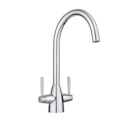 Image of JASSFERRY Kitchen Sink Mixer Tap Twin Quarter Turn Lever Handles Swan Neck Swivel Round Spout Polished Chrome