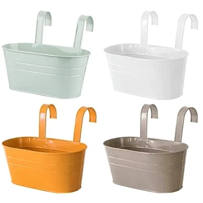 Image of KAHEIGN 4Pcs Metal Hanging Flower Pots, 27.5cm Large Plant Pots Bucket with Detachable Hook for Balcony Fence Garden Home Decor (4 Colors)