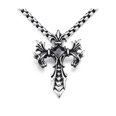 Image of MayiaHey Gothic Double Dragon Cross Necklace for Men, Punk Sword Stainless Steel Pendant (Black)