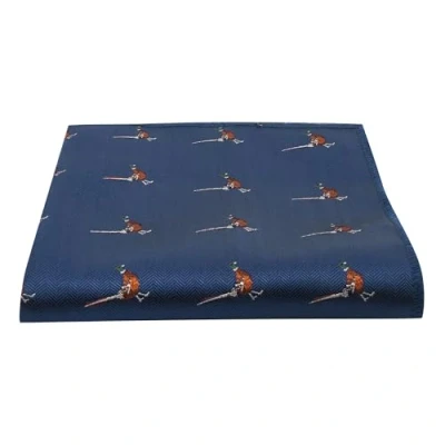 Image of King &amp; Priory Navy Blue Herringbone Embroidered Pheasant Pocket Square, Handkerchief