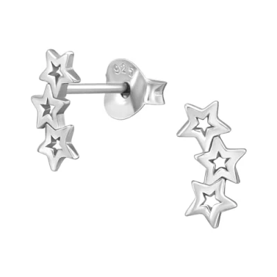 Image of The Rose &amp; Silver Company Women Girls 925 Sterling Rhodium Plated Triple Star Climber Stud Earrings