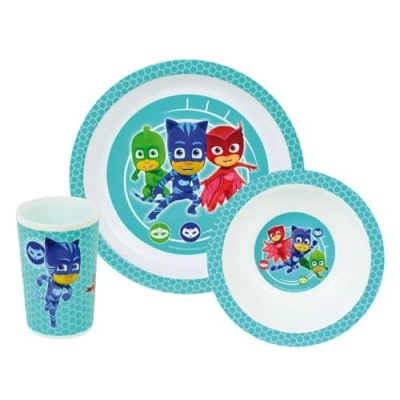 Image of FUN HOUSE 005559 PYJAMASQUES Children&#039;s Dinner Set with 1 Plate, Bowl and Glass Polypropylene 26.5 x 8.5 24.5 cm White