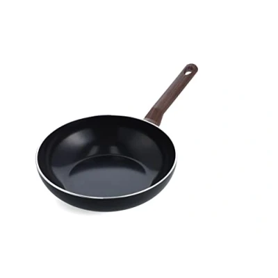 Image of BK Simply Ceramic Non Stick 14 Piece Cookware Pots and Pans Set, Includes Frying Pan, Saucepan, Casseroles Utensils, Vintage Wood Inspired Handles, PFAS Free, Induction, Oven Safe, Black