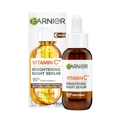 Image of Garnier Targeted Anti Dark Spot Night Serum For Face, with 10% Pure Vitamin C &amp; Hyaluronic Acid, Pigmentation Dullness, All Skin Types, Approved by Cruelty Free International, Vegan, 30 ml