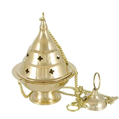 Image of NKlaus incense burner brass gold with chain 25cm Ø 9cm handmade operating mode coal 2168