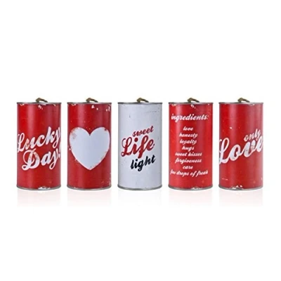 Image of Pack of 5 metal tins for wedding cars, red with white imprint, cans parties,